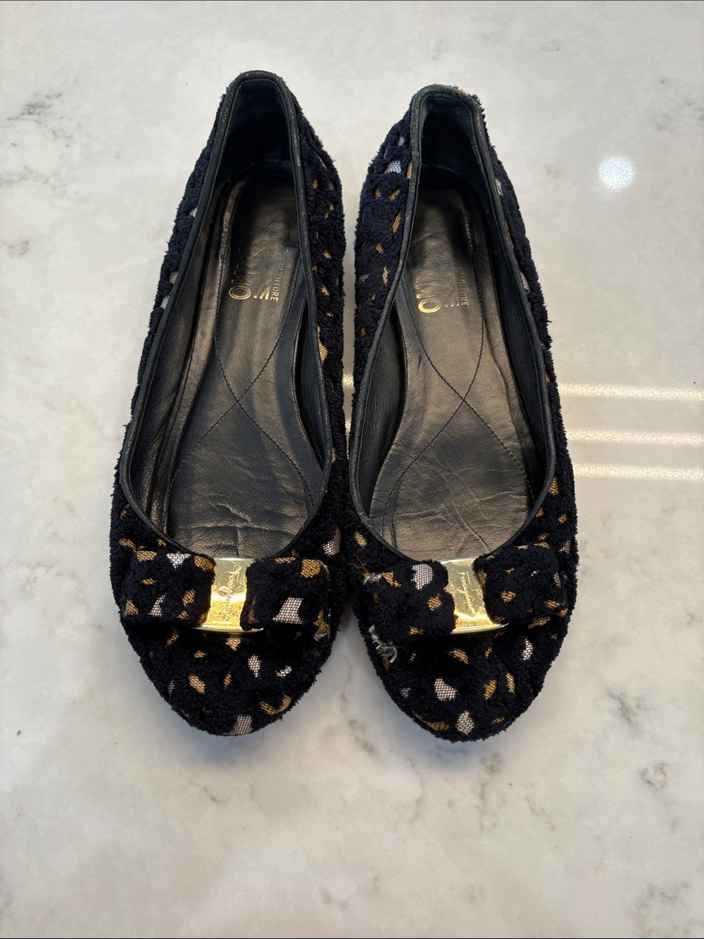 Salvatore Ferragamo Black Patterned Ballet Flats with Gold Accent